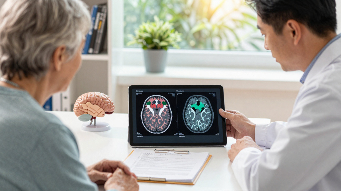 Doctor explaining brain scan images on a tablet to an elderly patient in a medical office.