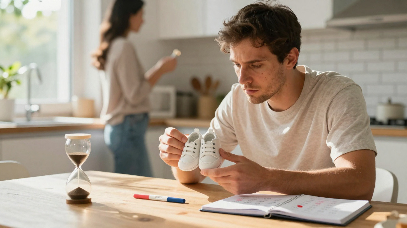 Man holding tiny baby shoes at table with pregnancy test and calendar, woman blurred in background.