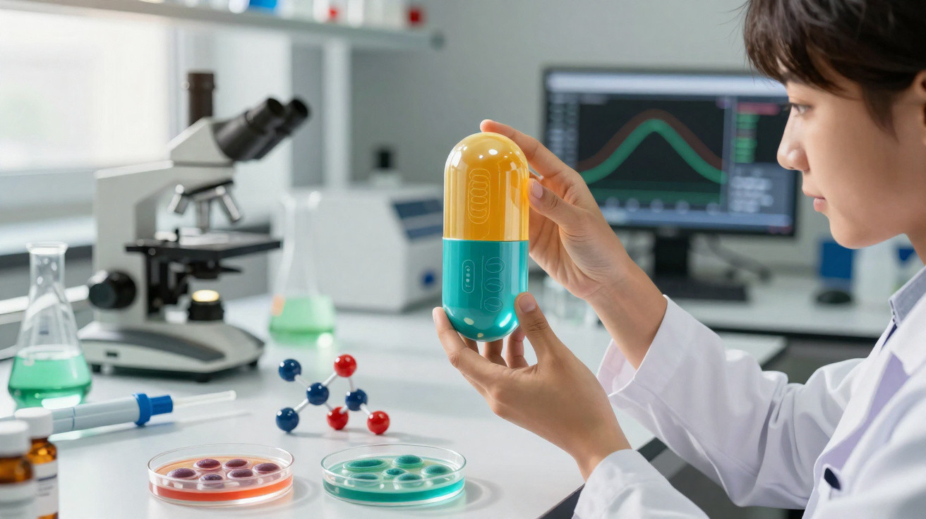 Scientist in lab coat examining oversized blue and yellow capsule with lab equipment and computer charts in background.
