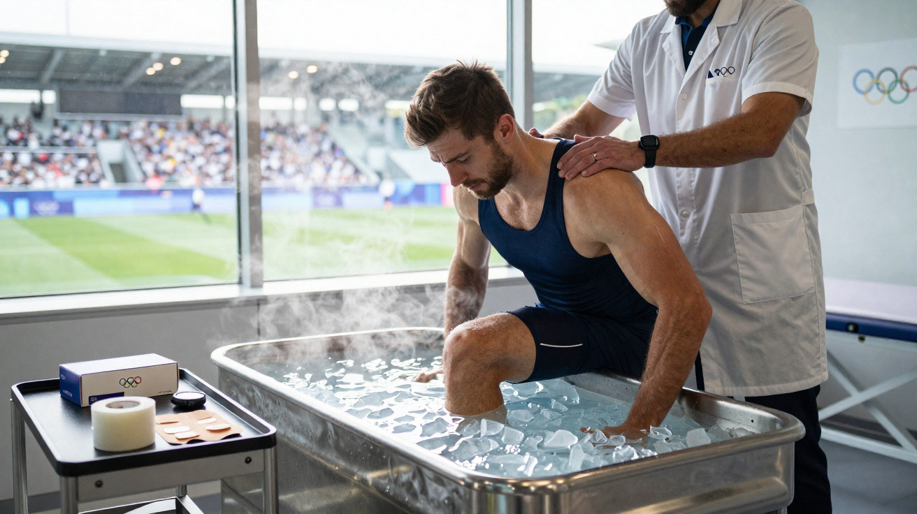 Athlete undergoing ice bath therapy with a therapist at a sports stadium physiotherapy room.