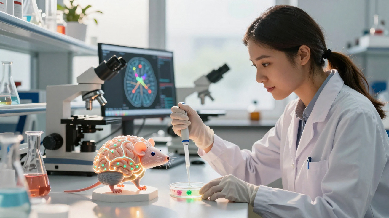 Scientist in lab coat using a pipette on a petri dish near an illustrated rat brain model and microscope.