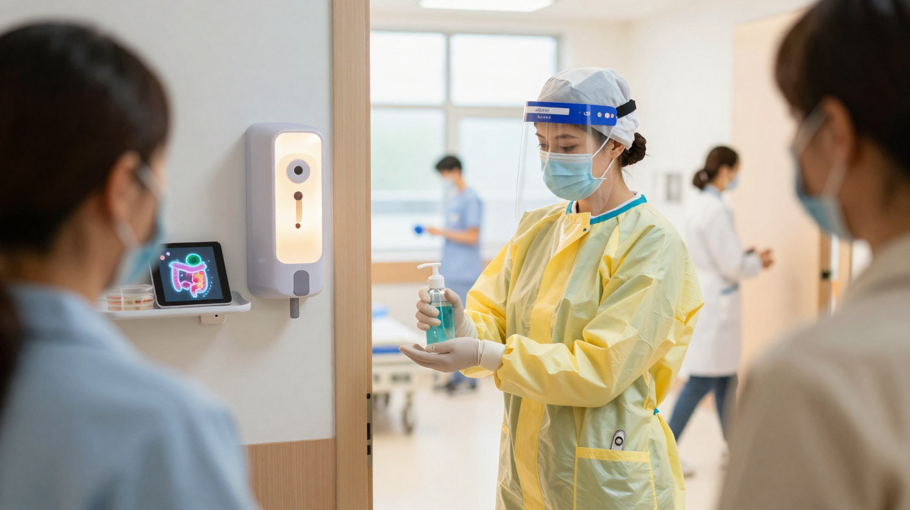 Healthcare worker in PPE using hand sanitizer while patients wear masks in a medical facility hallway.