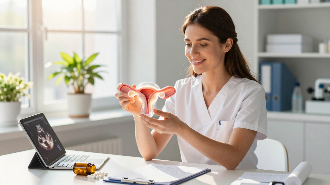 Female doctor in white coat holding uterus model with ultrasound on laptop in bright medical office