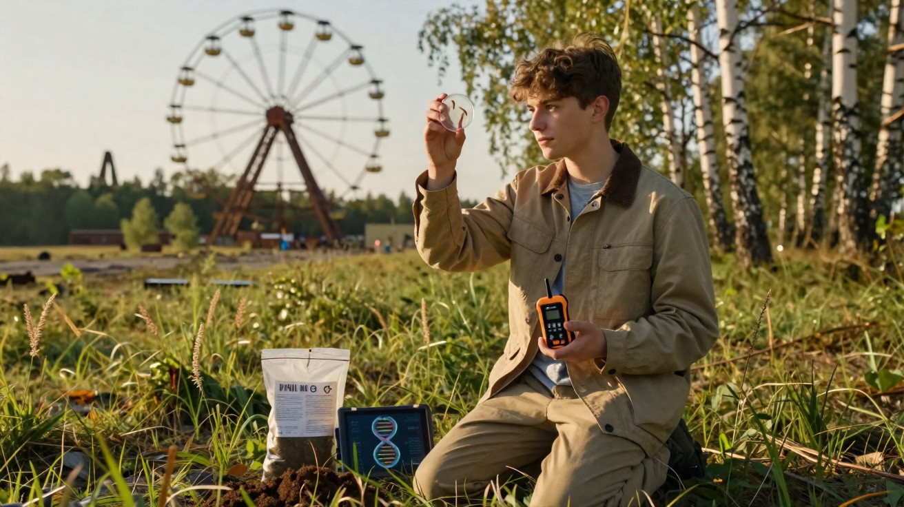 Young man kneeling in a grassy field holding a soil sample, with a Ferris wheel and trees in the background.