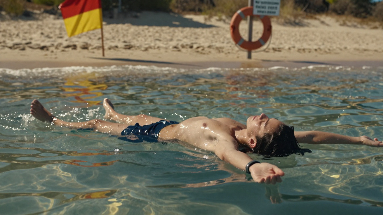 Man floating on his back in shallow clear water near a sandy beach with a lifebuoy and safety flag.