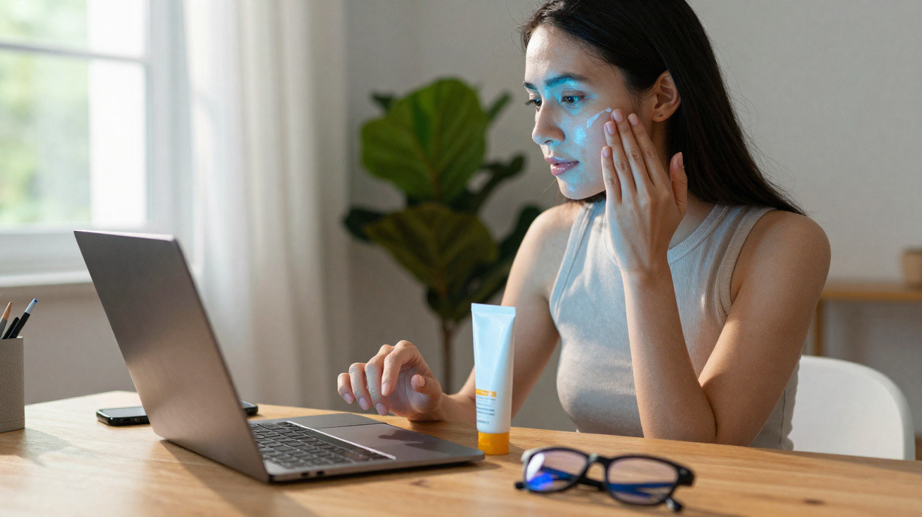 Woman applying cream on her face while using a laptop at a wooden desk in a bright room.