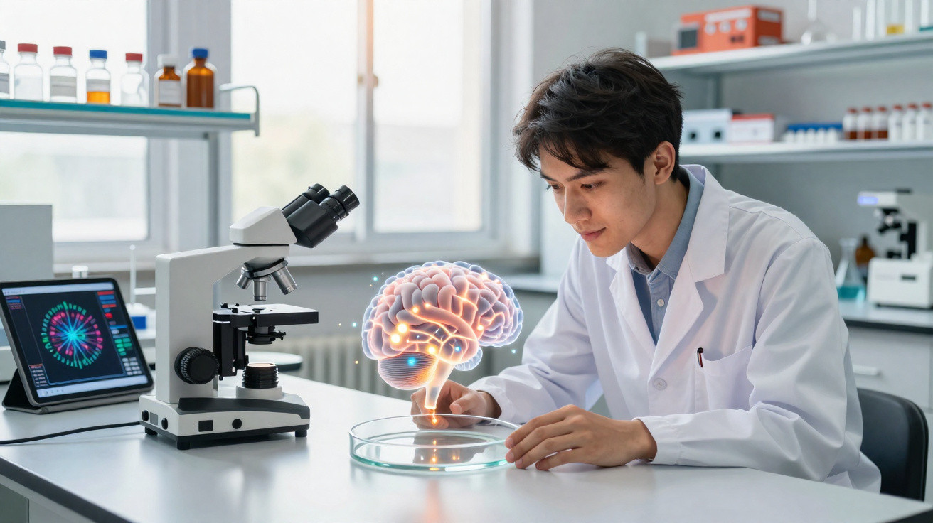 Scientist in a lab coat examining a holographic brain model above a petri dish with a microscope nearby.