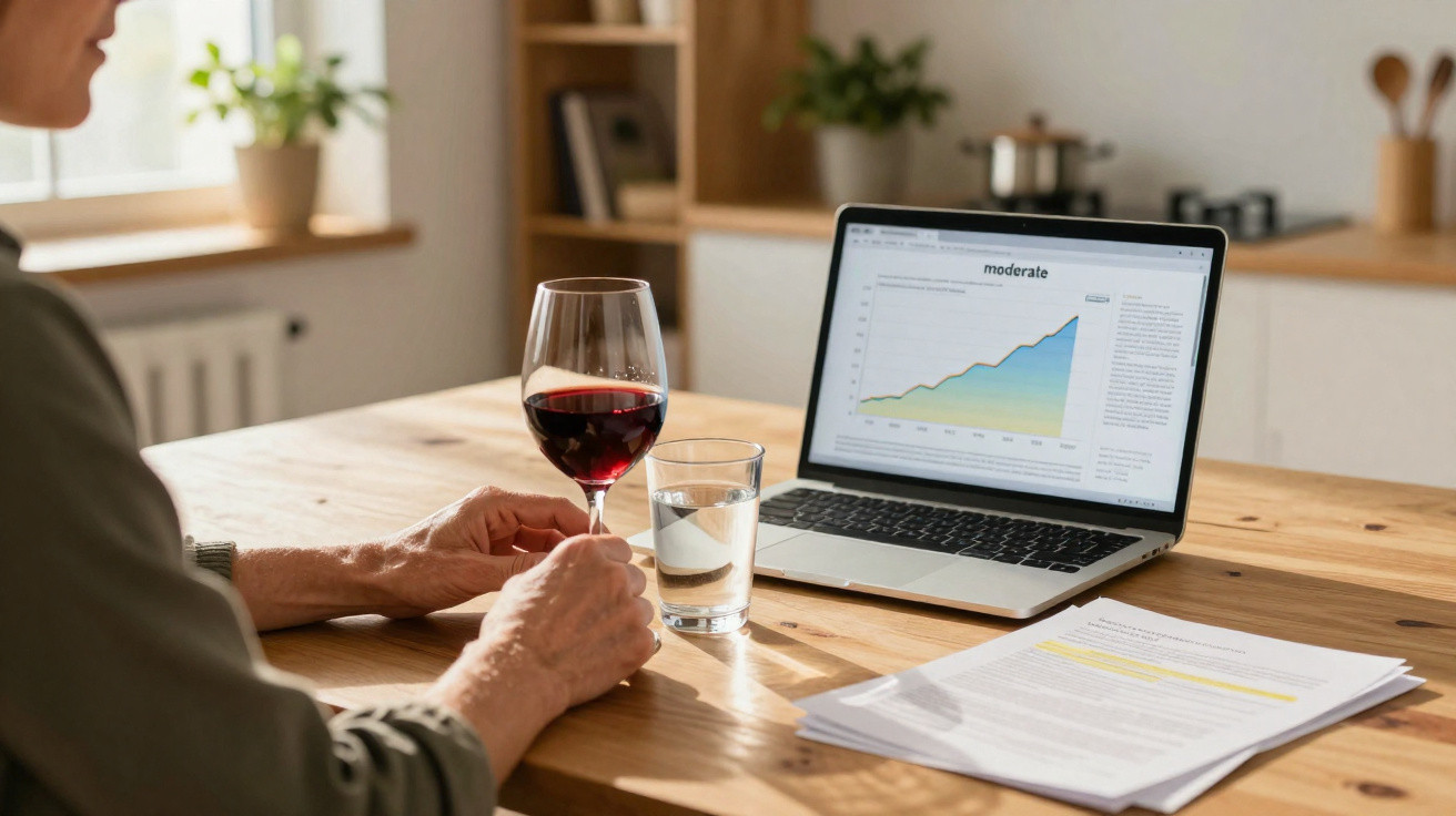 Person holding a glass of red wine sitting at a wooden table with a laptop showing a rising graph and documents.