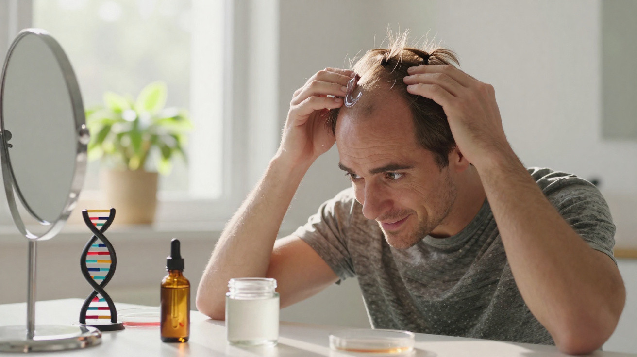 Man examining receding hairline in mirror, with hair care products and DNA model on table.