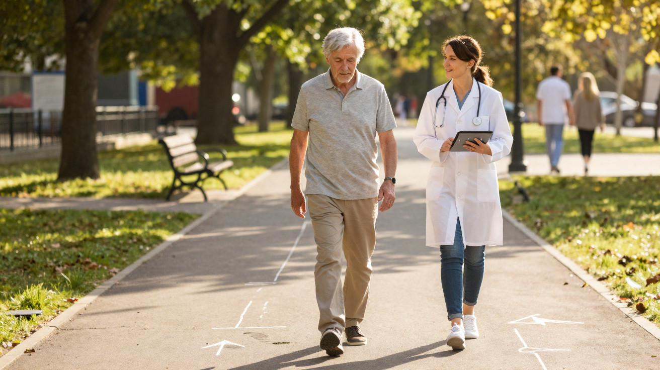 Female doctor walking and talking with elderly man in park on sunny day