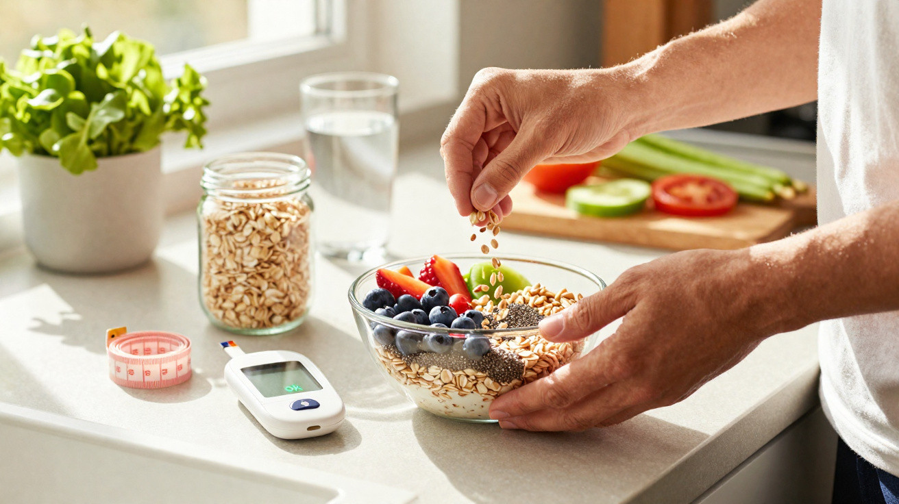 Person adding seeds to a bowl of fruit, oats, and chia seeds on a kitchen counter with diabetes tools nearby.