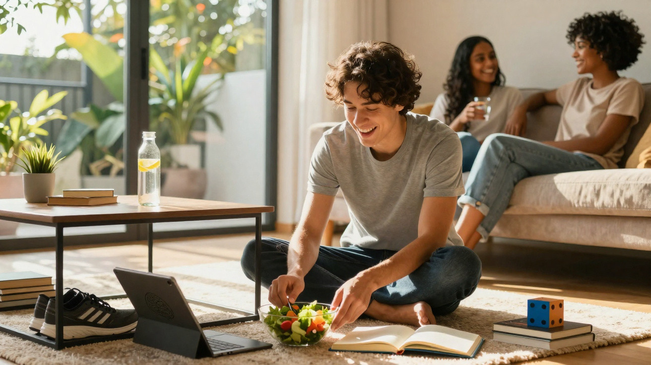 Young man sitting cross-legged on floor eating salad and using tablet, two women chatting on sofa in bright living room.