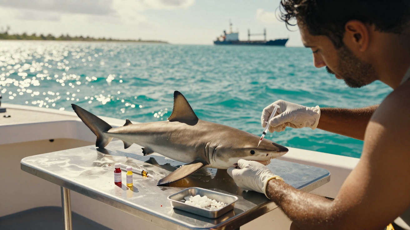 Scientist injecting a small shark on a boat with ocean and cargo ship in the background.