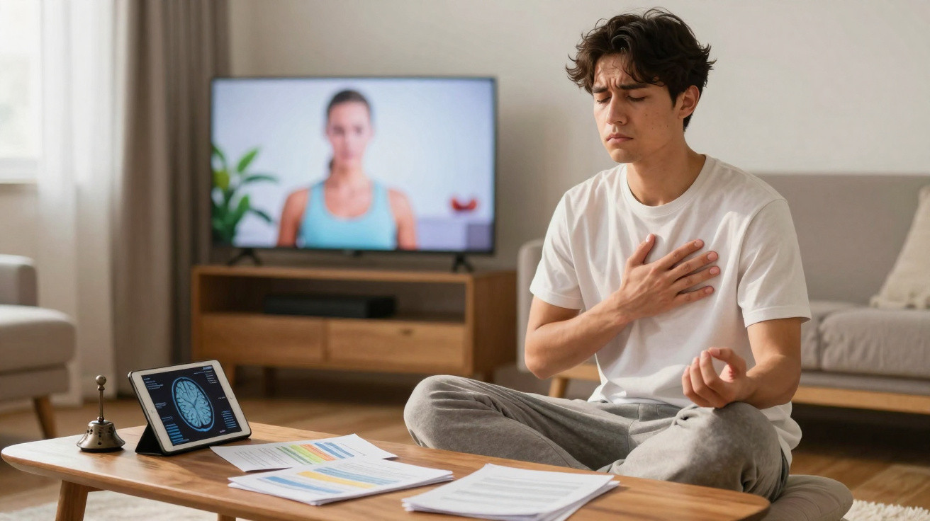 Young man sitting cross-legged on the floor meditating with hand on chest in living room with TV and tablet nearby.