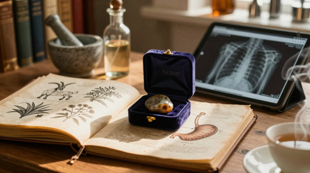 Open vintage anatomy book with bezoar stone in a box, mortar and pestle, bottle, X-ray on tablet, and steaming cup on wooden 
