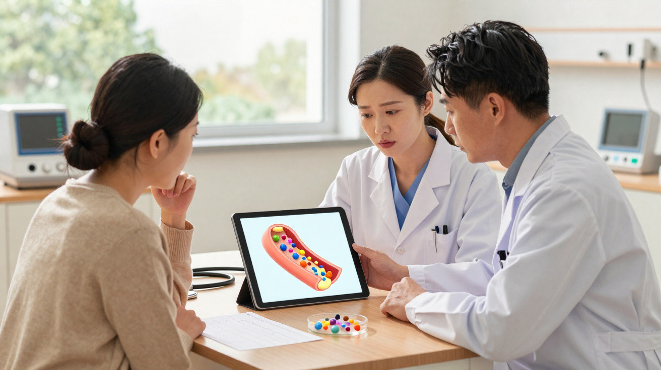 Two doctors explaining a medical illustration on a tablet to a woman in a consultation room.
