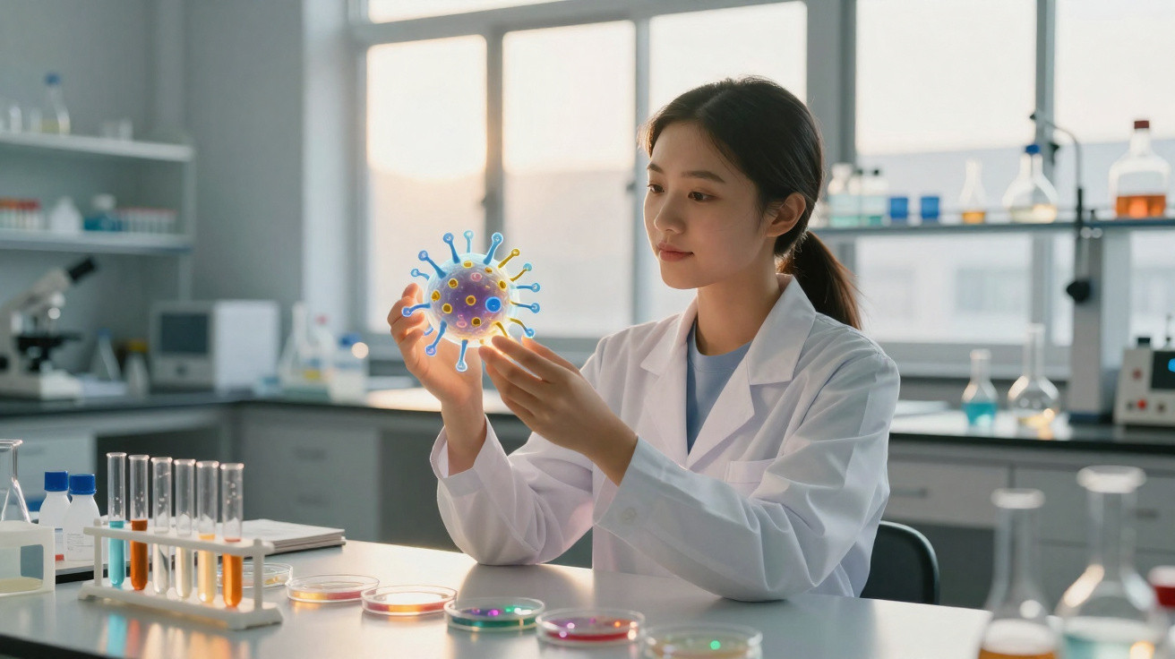 Scientist in a lab coat examining a 3D model of a virus in a laboratory with test tubes and petri dishes.