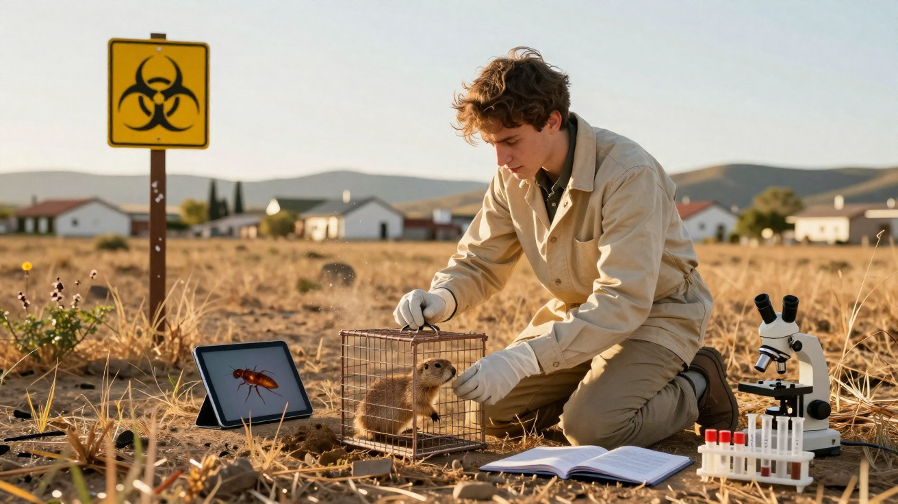Young scientist studying prairie dog in cage in a dry field with biohazard sign and scientific equipment nearby
