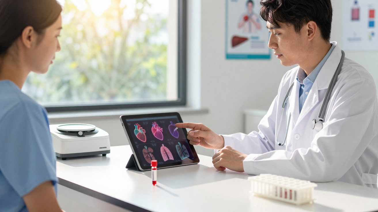 Doctor explaining heart anatomy on tablet to patient in a medical office with test tubes on the desk.