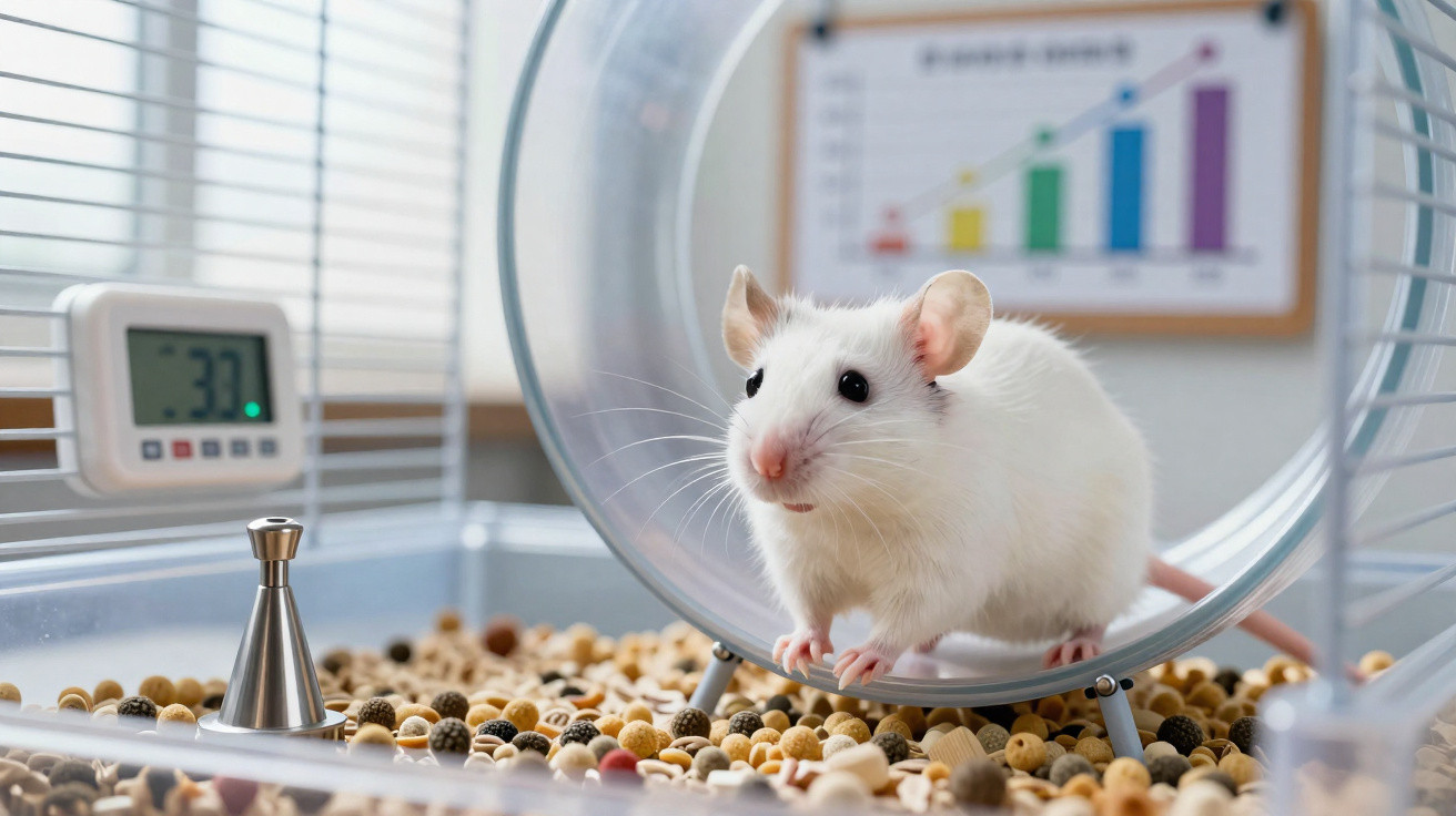 White lab rat on exercise wheel inside cage with scattered food pellets and digital thermometer reading 33°C.