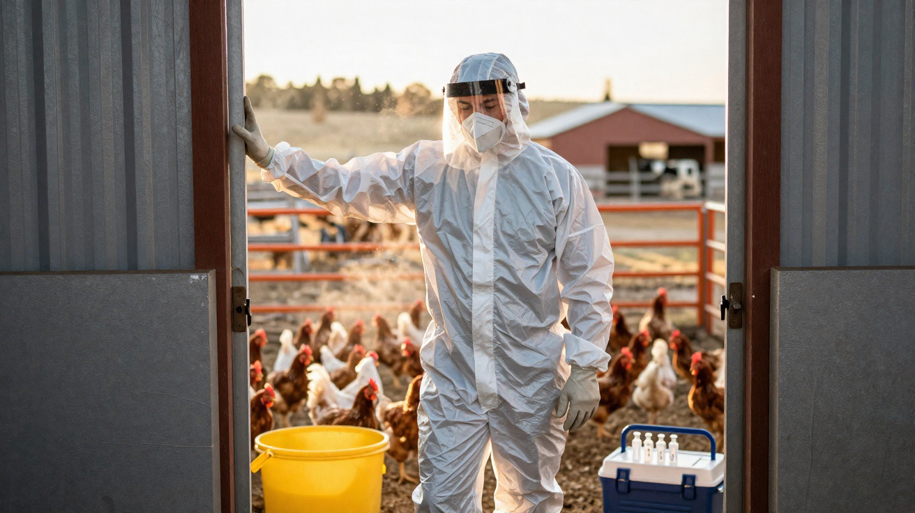 Person in full protective suit and face shield standing at doorway of chicken coop with chickens outside.