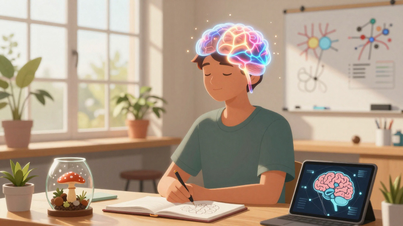 Young person sketching a brain with a glowing brain illustration above their head in a bright study room.