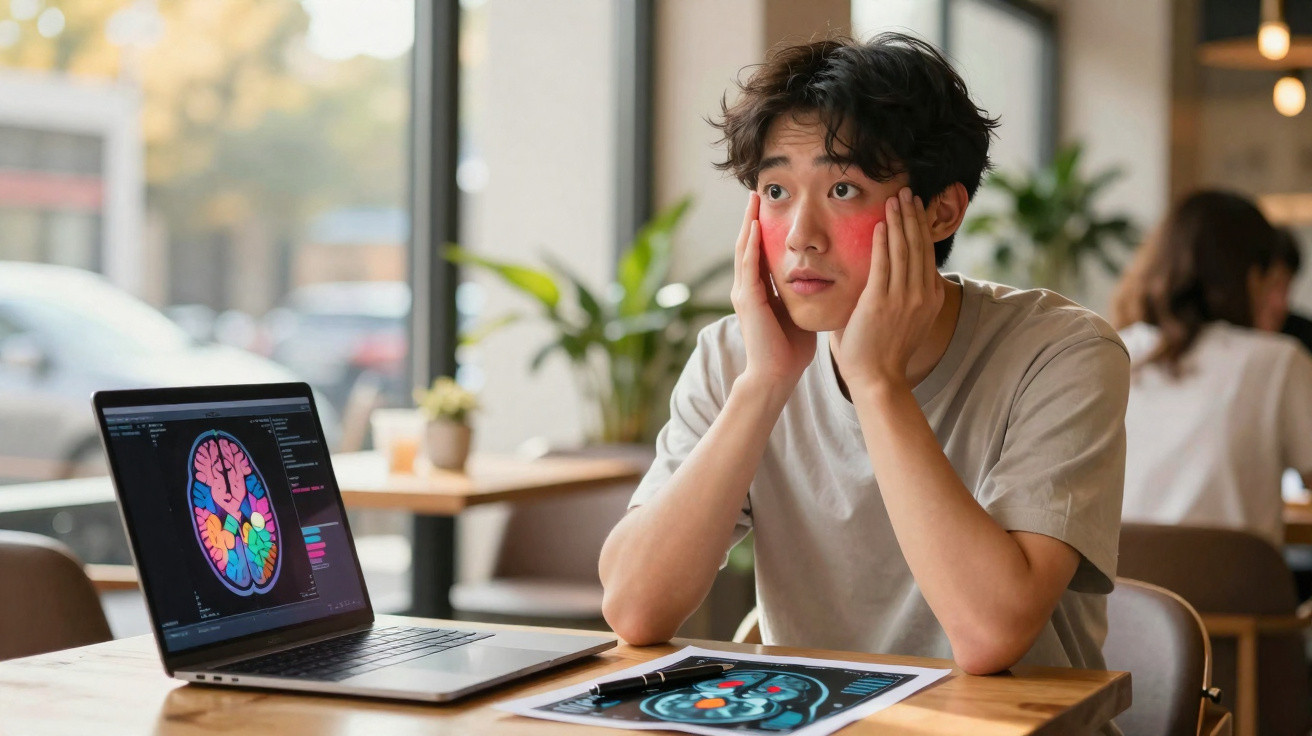 Young man with flushed cheeks studying colourful brain scans on laptop and paper in a cafe.