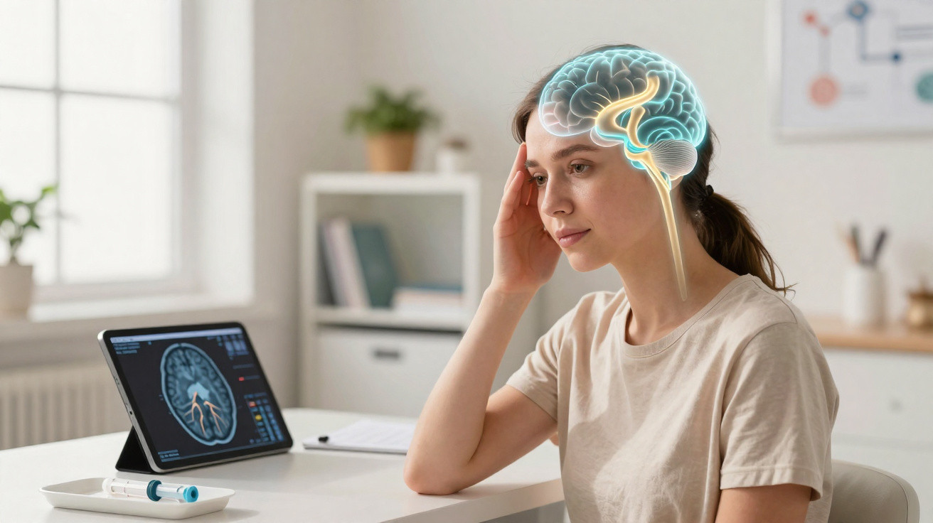 Woman touching her temple with a digital brain overlay, tablet showing brain scan on a desk in a bright room.