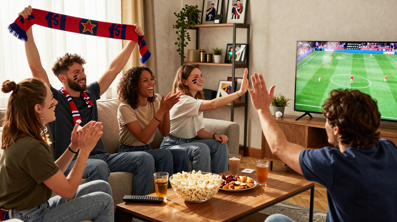 Group of friends with face paint cheering and watching football on TV in a cosy living room.