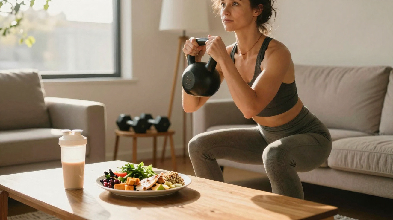 Woman in sportswear doing kettlebell squats in living room with healthy food and shake on table.
