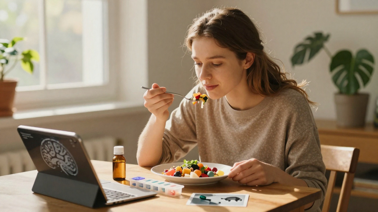 Young woman eating a colourful fruit salad while sitting at a table with medication and a tablet nearby.