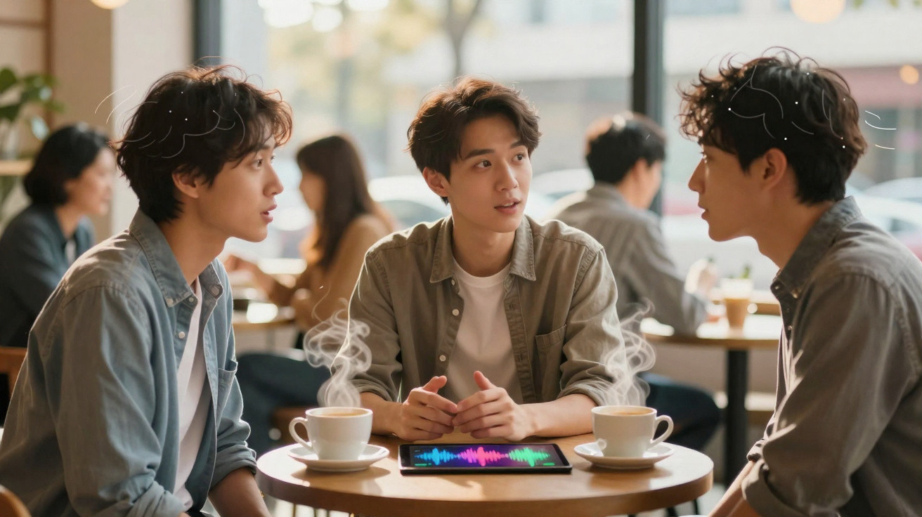 Three young men having a conversation over coffee at a cafe table with a tablet displaying audio waves.