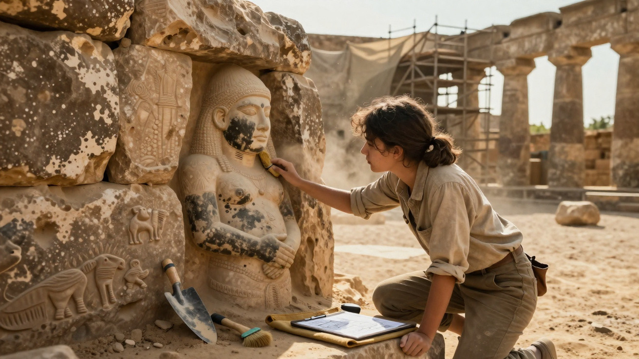 Archaeologist cleaning an ancient statue with brush at a desert excavation site with stone carvings.