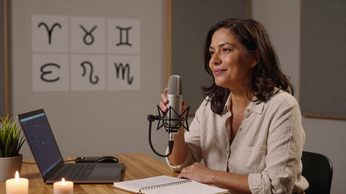 Woman recording a podcast or video with zodiac signs on the wall and laptop on a wooden desk with candles.