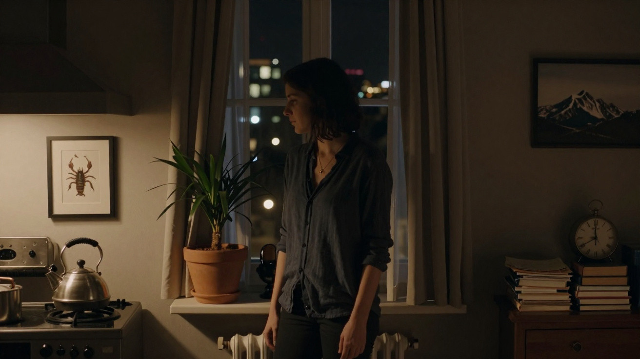 Woman standing by a nighttime window in a dimly lit kitchen with a potted plant and city lights outside.
