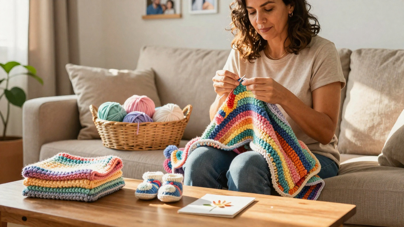 Woman crocheting a multicoloured blanket in a living room with yarn balls, baby booties, and folded blankets on a table.