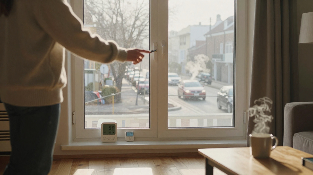 Person opening a large window in a living room with steaming mug on table and street visible outside.
