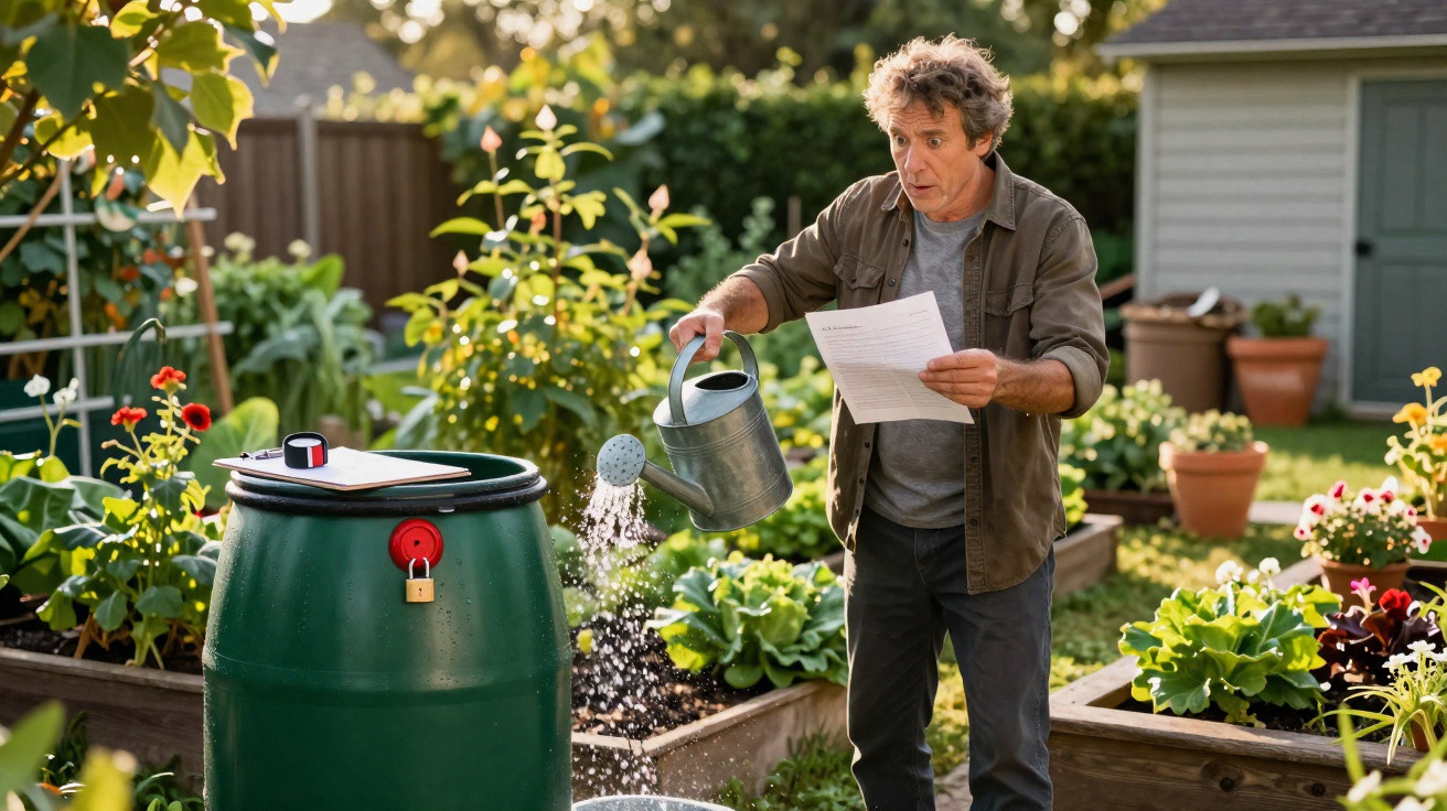 Man watering plants in garden while reading instructions next to a green water barrel with a clipboard on top