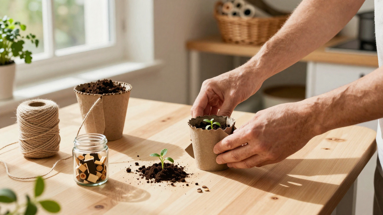 Hands planting young seedlings in biodegradable pots on a wooden table with gardening string and jar of plant labels.