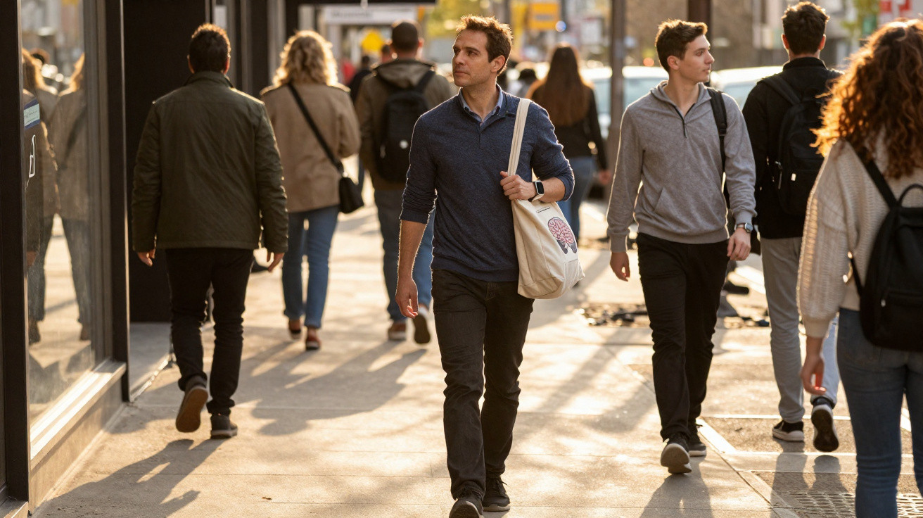 People walking on a sunlit city sidewalk with buildings and shops in the background.