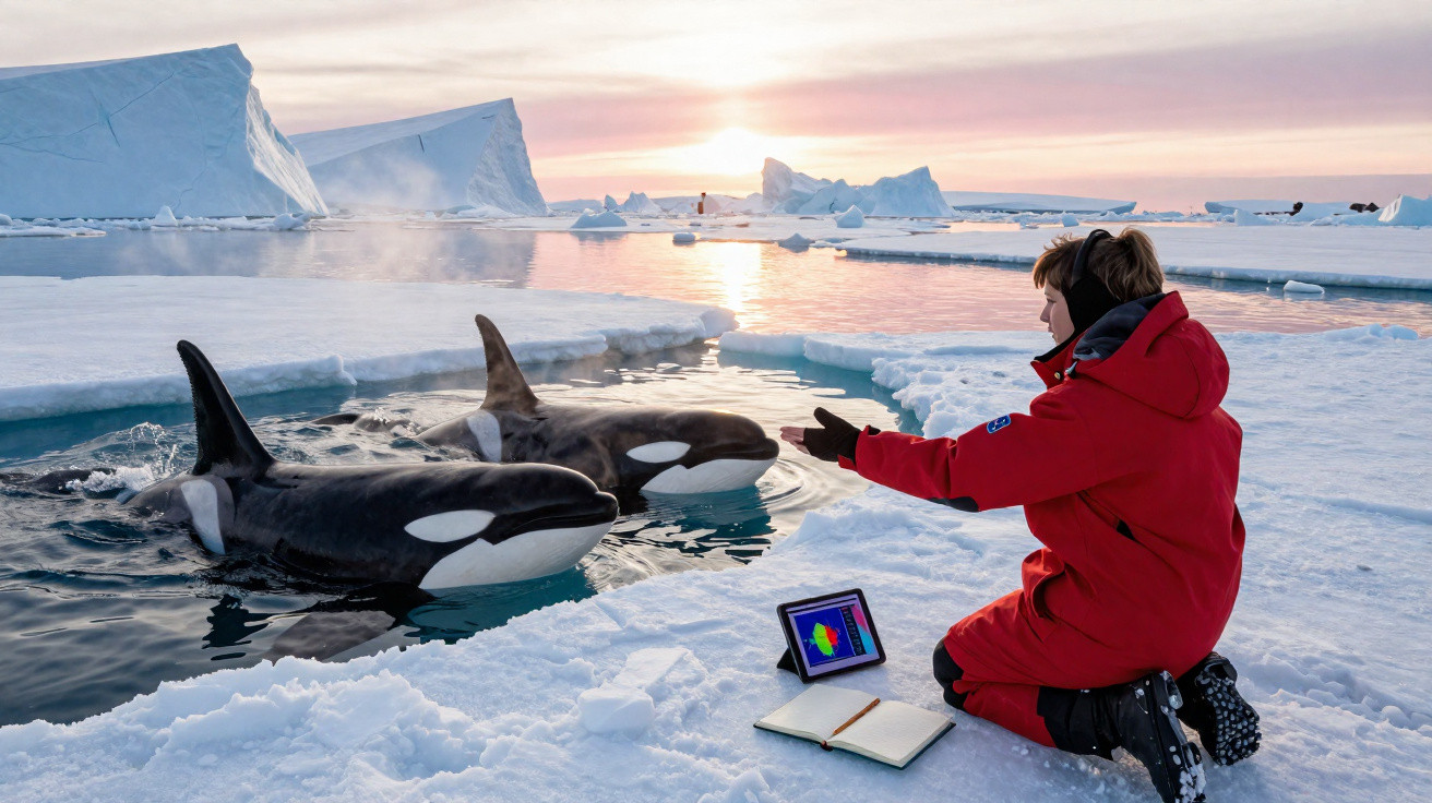 Researcher in red coat observing two orcas surfacing near icy shore at sunset with tablet and notebook nearby.