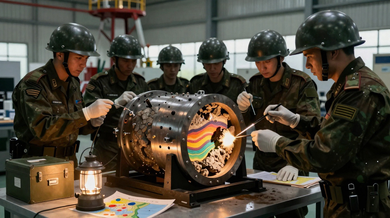 Soldiers in helmets examine a glowing colourful core inside a damaged cylindrical device in a workshop.