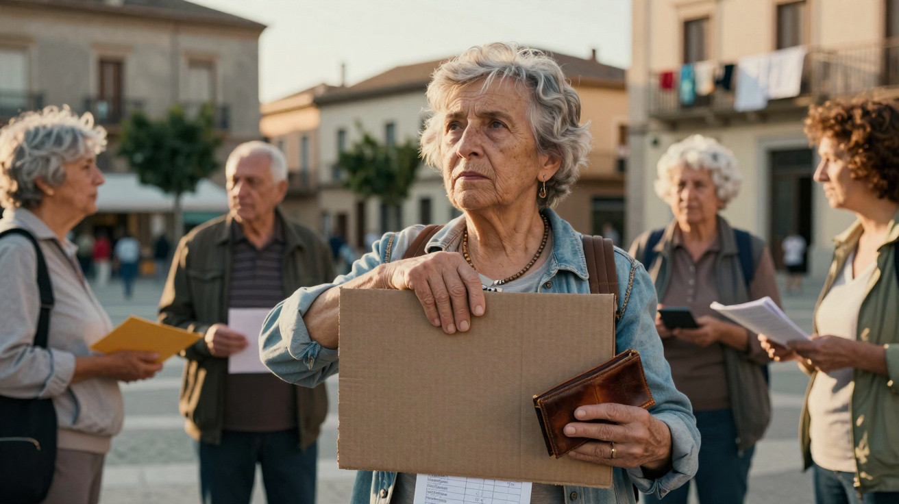 Elderly woman holding a cardboard sign and wallet, surrounded by older adults in a public square.