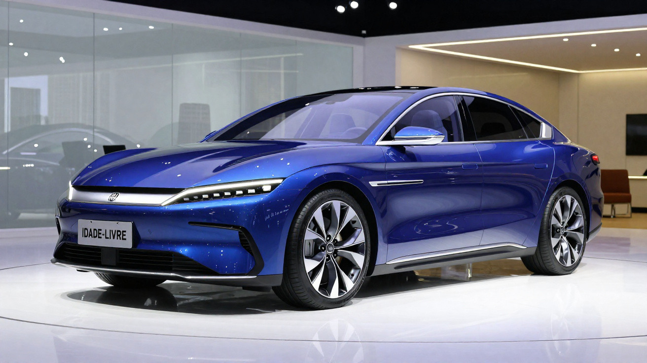Shiny blue electric sedan displayed indoors with sleek design and modern LED headlights on white platform.