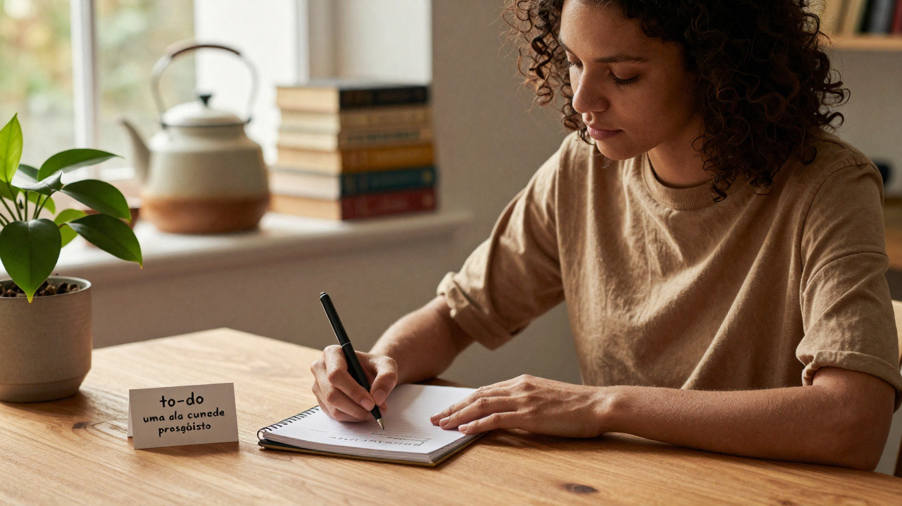 Person writing in a notebook at a wooden table with a to-do note and a potted plant nearby.