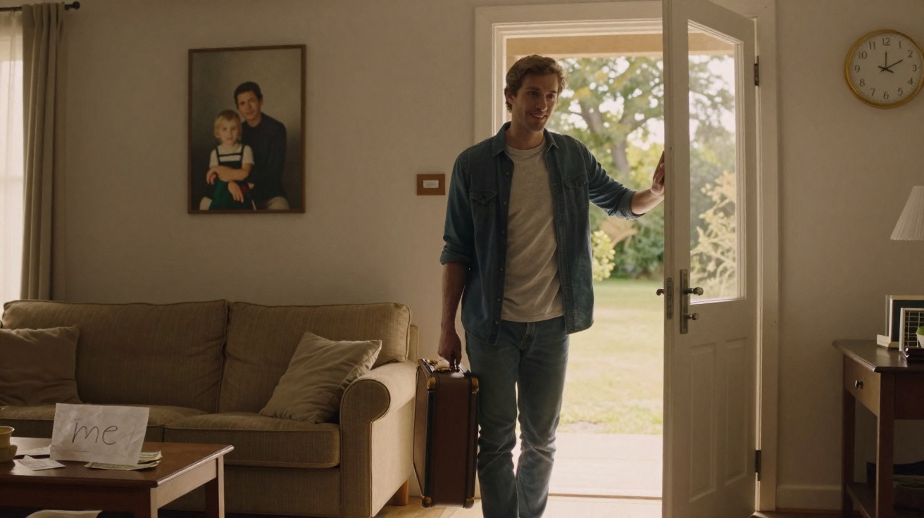 Man holding suitcase entering living room with sofa, table, family portrait, and clock on wall.