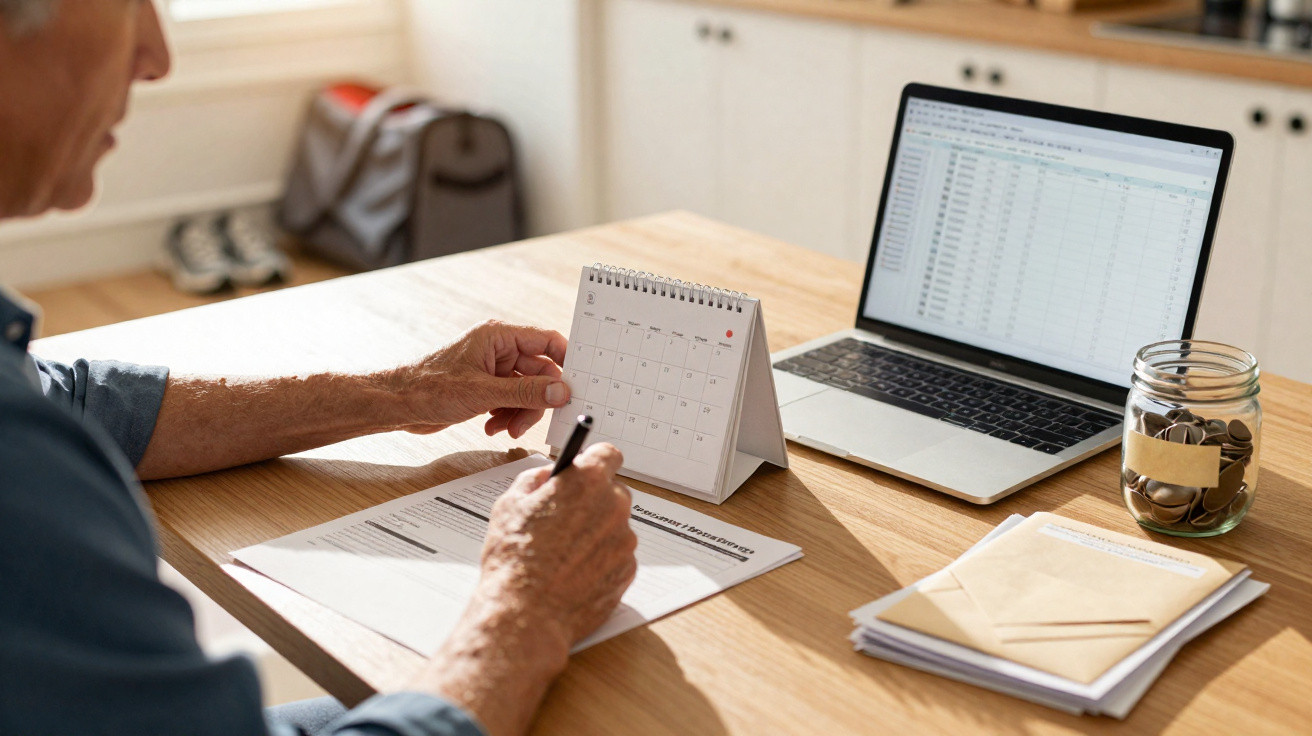 Person working at a wooden table with calendar, laptop, financial documents, and a jar of coins.