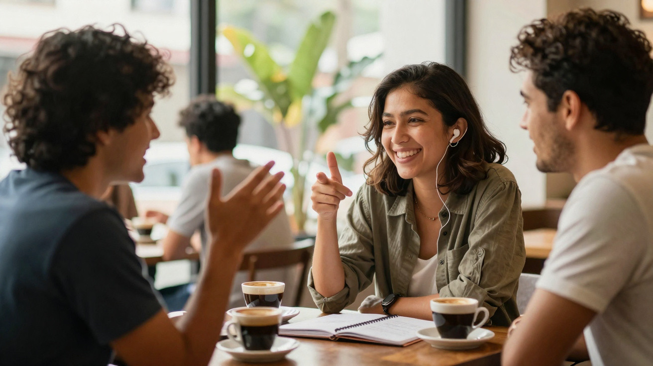 Three friends enjoying coffee and conversation at a cafe table with notebooks and earphones.