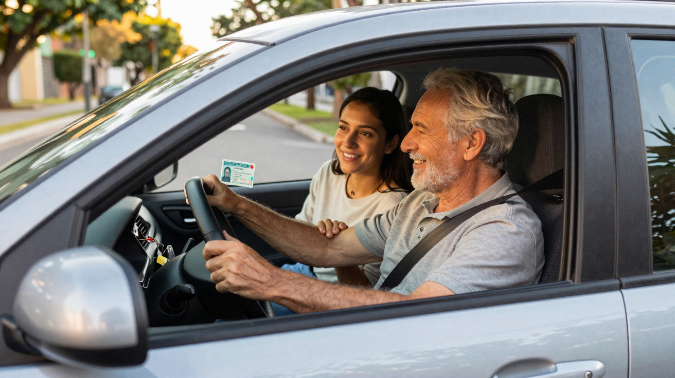 Older man driving a car with a young woman in the passenger seat holding up a driving licence.