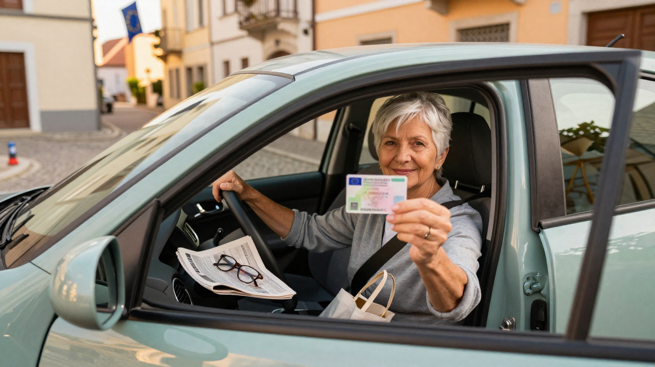 Older woman sitting in car holding up a driving licence, smiling and wearing a seatbelt.